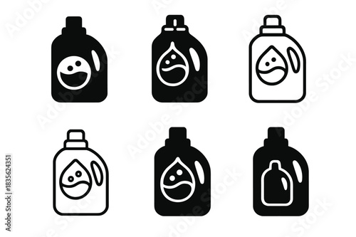 Compact Laundry Logos. Compact laundry solutions. Icon set. Set Logo of compact laundry solutions: laundry detergent bottle. harmonious logo variations of the
