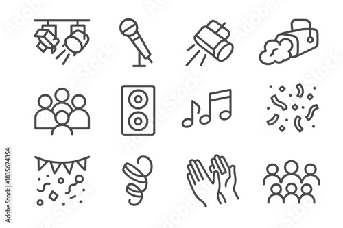 Concert Icon Set. Concert Atmosphere. Line icon set of Concert Atmosphere: stage lights, microphone, spotlight, smoke machine, audience, speakers, musical