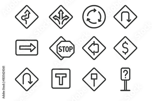 Confusing Road Signs. Confusing Road Signs. Line icon set of Confusing Road Signs: twisted arrow sign, multiple direction arrows, roundabout sign, detour sign,