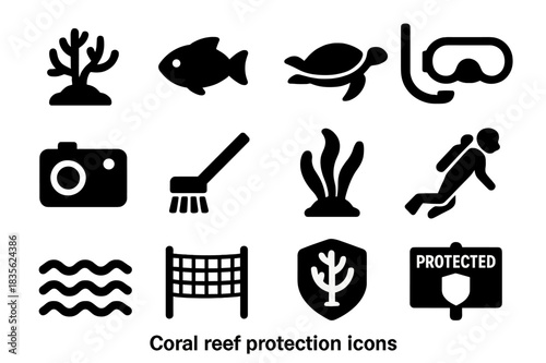 Coral Protection Icons. Coral reef protection. Solid icon set of Coral reef protection: coral, fish, sea turtle, snorkeling mask, underwater camera, reef