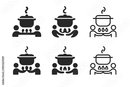 Cooking Logo Set. Cooking together with friends. Icon set. Set Logo of cooking: pot over shared stove. harmonious logo variations of the same emblematic