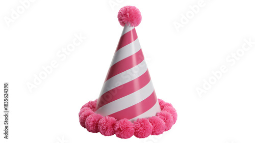 Vibrant pink striped party hat with fluffy pom poms ready for celebration