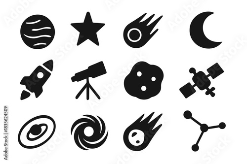 Cosmic Icon Collection. Universe Elements. Solid icon set of planet, star, comet, moon, rocket, telescope, asteroid, satellite, orbit, black hole, meteor,