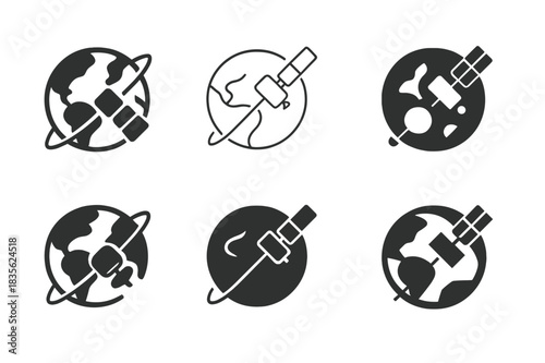 Cosmic Logo Variations. cosmic view. Icon set. Set Logo of cosmic view: satellite orbiting Earth. harmonious logo variations of the same emblematic concept,