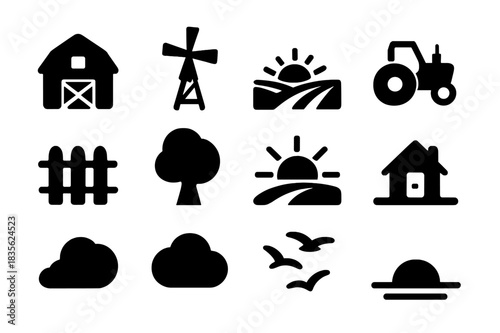 Countryside Sunset Icons. Countryside Sunset. Solid icon set of Countryside Sunset: barn, windmill, field, tractor, fence, tree, sun, road, house, cloud,