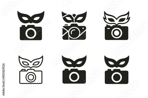 Cosplay Photography Logos. Cosplay photography studio. Icon set. Set Logo of cosplay photography: fantasy mask and camera. harmonious logo variations of the