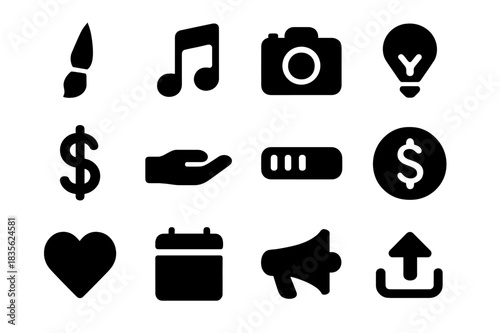 Creative Funding Icons. Creative Project Funding. Solid icon set of Creative Project Funding: paintbrush, music note, camera, light bulb, dollar sign, hand,