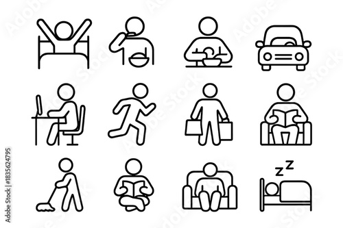 Daily Routine Icons. Daily actions. Line icon set of daily actions: waking up, brushing teeth, eating breakfast, commuting, working, exercising, shopping,