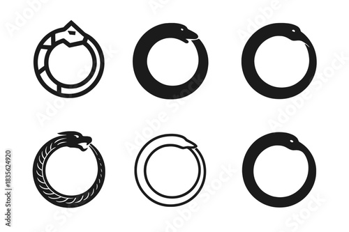 Destiny Logos Grid. Destiny and fate. Icon set. Set Logo of destiny and fate: ouroboros symbol. harmonious logo variations of the same emblematic concept, each