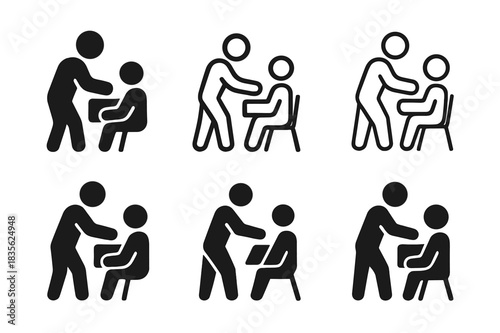 Volunteer Logos. Volunteer in action. Icon set. Set Logo of volunteer in action: community event assistance. harmonious logo variations of the same emblematic