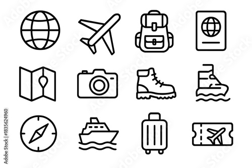Wanderlust Icon Collection. Wanderlust Icons. Line icon set of Wanderlust Icons: globe, airplane, backpack, passport, map, camera, hiking boots, compass,