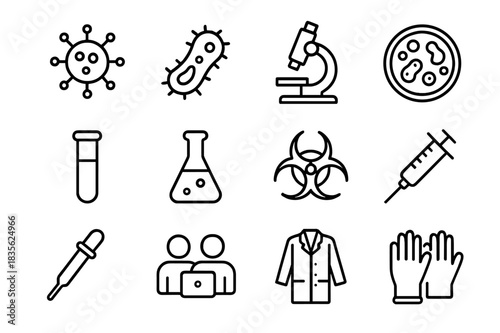 Virus and Bacteria Icons. Virus & Bacteria Study. Line icon set of Virus & Bacteria Study: virus, bacteria, microscope, petri dish, test tube, lab flask,