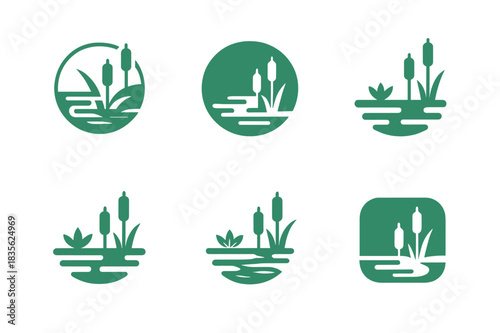 Waterfront Habitat Logos. Waterfront habitats and marshlands. Icon set. Set Logo of waterfront habitats and marshlands: pond with aquatic plants. harmonious