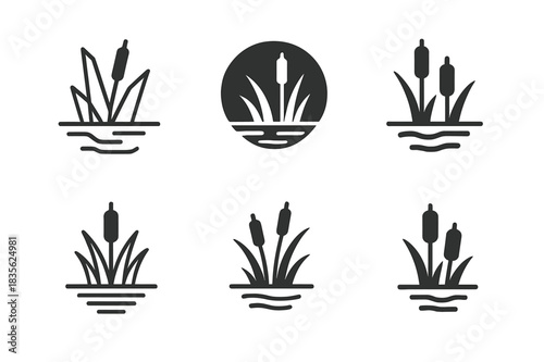 Waterfront Habitat Logos. Waterfront habitats and marshlands. Icon set. Set Logo of waterfront habitats and marshlands: pond with aquatic plants. harmonious