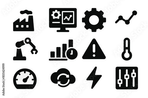 Digital Factory Icons. Digital factory dashboard. Solid icon set of digital factory dashboard: factory building, dashboard screen, gear icon, data graph,