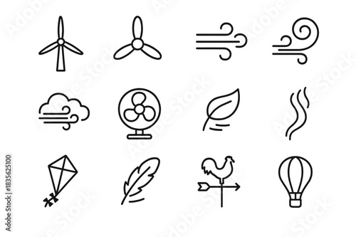 Wind Energy Icons. Wind Energy. Line icon set of Wind Energy: wind turbine, propeller, gust, wind swirl, cloud, fan, leaf blowing, smoke trail, kite, feather,