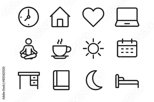 Work-Life Balance Icons. Work-Life Balance. Line icon set of Work-Life Balance: clock, home, heart, laptop, yoga pose, coffee cup, sun, calendar, desk, book,