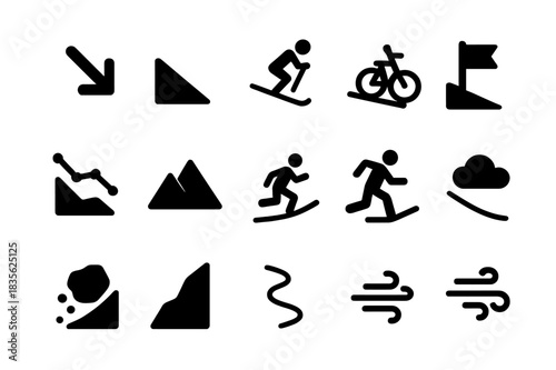 Downhill Motion Icons. Downhill motion. Solid icon set of downhill motion: arrow down, slope, skier, bike, flag, line graph, mountain, runner, cloud, rock,