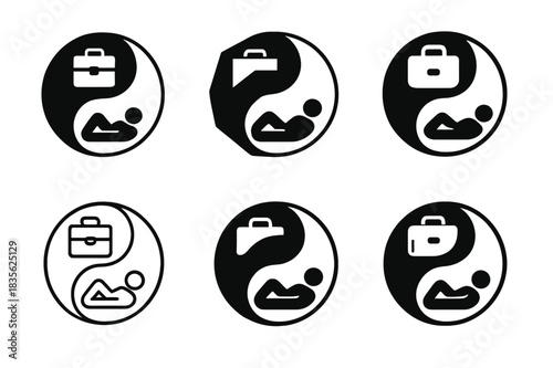 Work-Life Balance Icons. Work-life balance and managing burnout. Icon set. Set Logo of work-life balance: Yin-yang of work and rest icons. harmonious logo