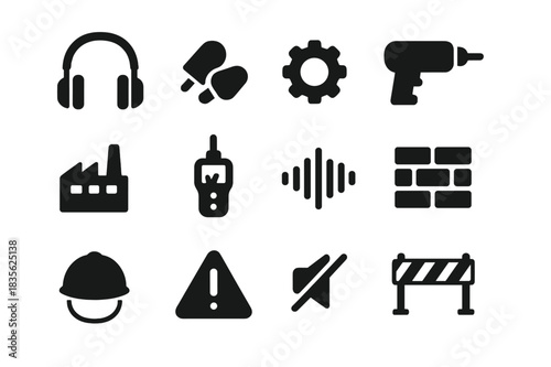 Workplace Noise Icons. Workplace Noise Reduction. Solid icon set of Workplace Noise Reduction: headphone, earplug, gear, drill, factory, decibel meter, sound
