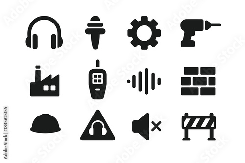 Workplace Noise Icons. Workplace Noise Reduction. Solid icon set of Workplace Noise Reduction: headphone, earplug, gear, drill, factory, decibel meter, sound