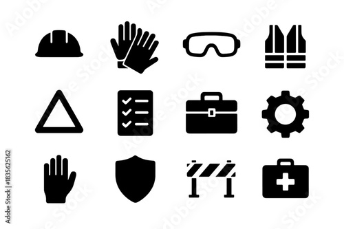 Workplace Safety Icons. Workplace safety. Solid icon set of workplace safety: helmet, gloves, goggles, safety vest, warning triangle, checklist, toolbox, gear,