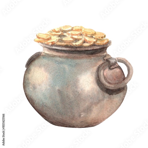 watercolor pot of gold coins clip art preview