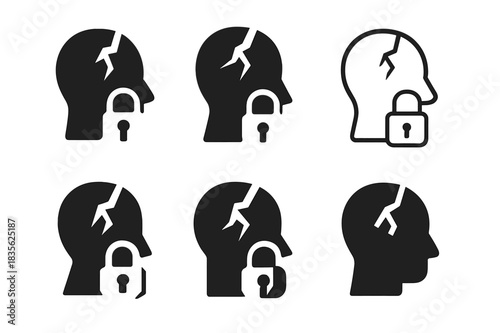 Workplace Safety Icons. Workplace violence prevention. Icon set. Set Logo of Workplace violence prevention: Broken stress icon with lock. harmonious logo
