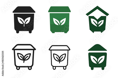 Eco Home Icon Set. Sustainable home products. Icon set. Set Logo of eco home item: compost bin. harmonious logo variations of the same emblematic concept, each