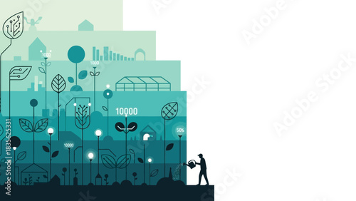 Green vector illustration depicting sustainable growth, technology integration, agriculture, and business data layers.