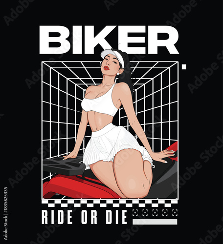 Biker Ride or Die typography with sexy sportswoman sitting on motorcycle vector t-shirt design