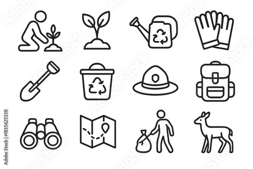 Eco Volunteer Icons. Eco Volunteers. Line icon set of Eco Volunteers: tree planting, sapling, watering can, gloves, shovel, recycling bin, ranger