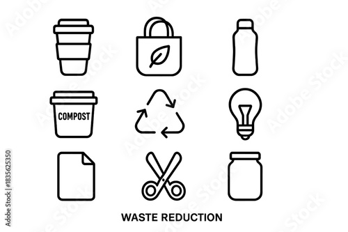 Eco-Friendly Icons. Waste reduction. Line icon set of waste reduction: reusable cup, cloth bag, water bottle, compost bin, recycling arrows, lightbulb, paper,