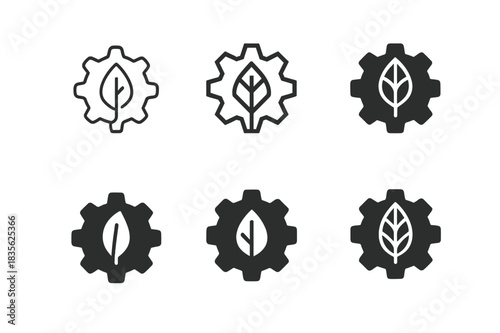 Eco-Friendly Icons. Sustainable sourcing of natural resources. Icon set. Set Logo of sustainable sourcing: leaf with gear integration. harmonious