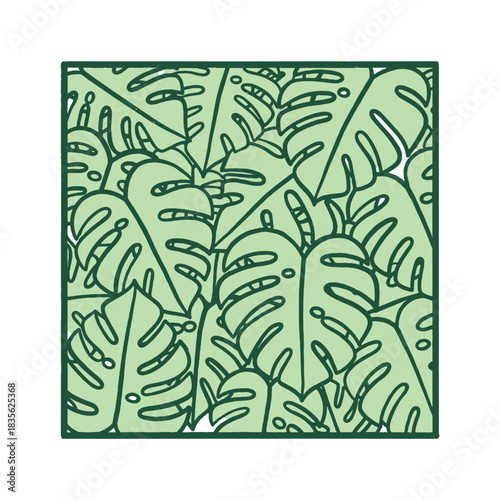 A hand-drawn seamless square pattern illustration featuring tropical green monstera deliciosa leaves.