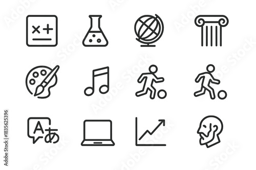 Educational Icon Grid. Subjects. Line icon set of subjects: math, science, literature, geography, history, art, music, physical education, language,
