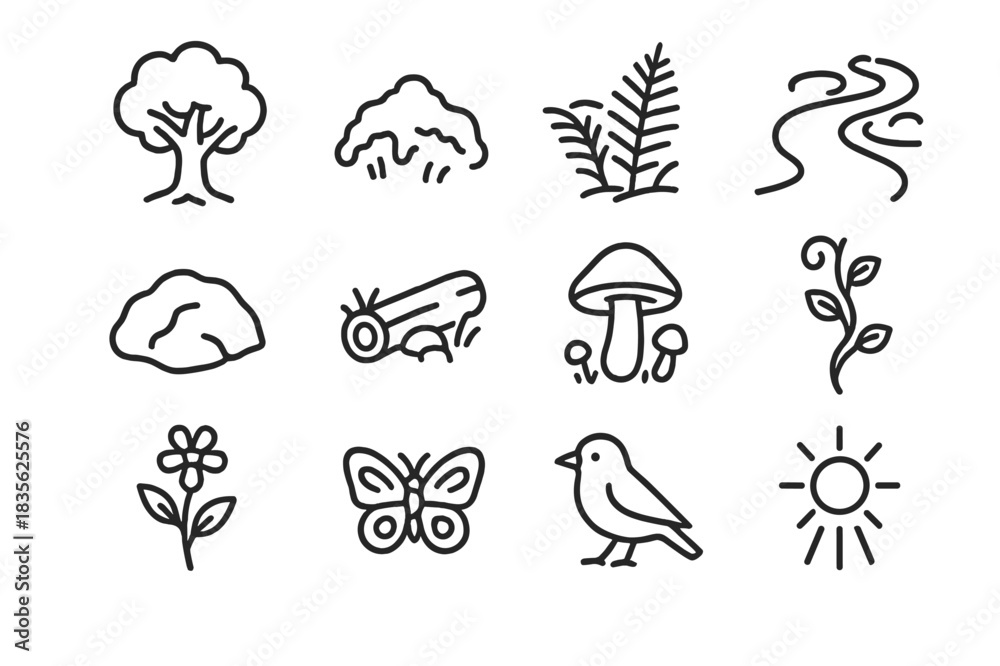 Obraz premium Enchanted Woods Icons. Enchanted Woods. Line icon set of Enchanted Woods: tree, moss, fern, dirt path, rock, fallen log, mushroom, vine, wildflower, butterfly,