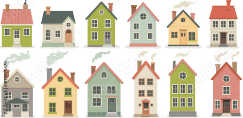 Stylized house illustration set featuring diverse architectural styles, roof types, and chimney details for design and storytelling themes.