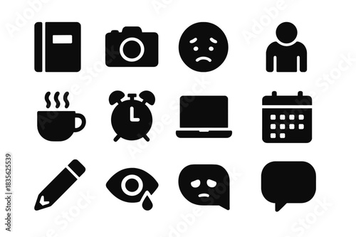 Emotional Icon Collection. Emotional Documentation. Solid icon set of notebook, journal, camera, sad face, tired person, coffee cup, alarm clock, laptop,