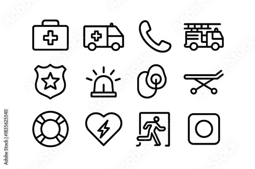 Emergency Icon Set. Emergency response. Line icon set of emergency response: first aid kit, ambulance, phone, fire truck, police badge, siren, oxygen mask,