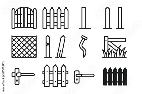 Fence Line Icons. Fence Set. Line icon set of Fence Set: gate, wooden fence, broken plank, post, wire mesh, leaning post, rusty nail, fence corner, overgrown
