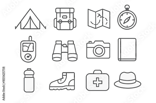 Field Work Icons. Field Work. Line icon set of Field Work: tent, backpack, map, compass, GPS, binoculars, camera, notebook, water bottle, hiking boots, first