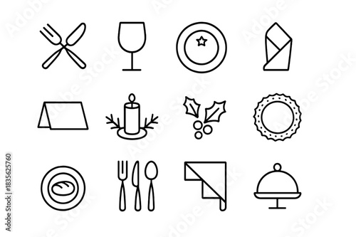 Festive Table Icons. Holiday table setting. Line icon set of holiday table setting: fork and knife crossed, wine glass, holiday plate, folded napkin, place