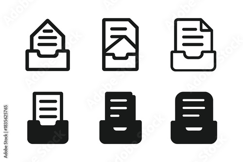 Filing Cabinet Icons. Filing documents in a filing cabinet. Icon set. Set Logo of Filing documents in a filing cabinet: Paper document. harmonious logo