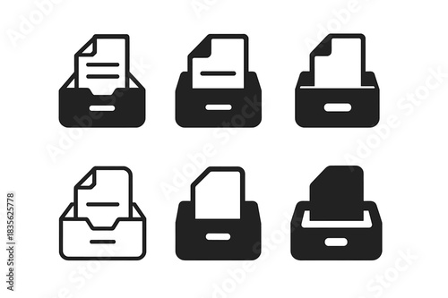 Filing Cabinet Icons. Filing documents in a filing cabinet. Icon set. Set Logo of Filing documents in a filing cabinet: Paper document. harmonious logo