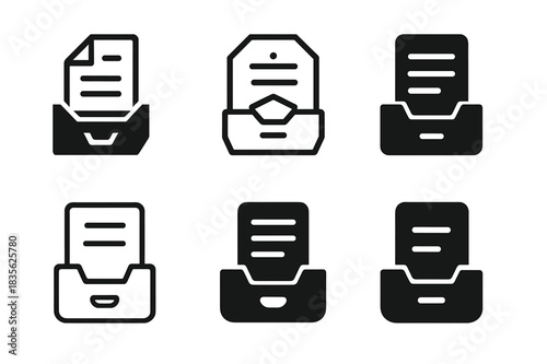 Filing Cabinet Icons. Filing documents in a filing cabinet. Icon set. Set Logo of Filing documents in a filing cabinet: Paper document. harmonious logo