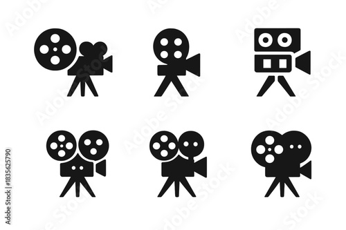 Film Festival Icons. Film festivals. Icon set. Set Logo of film festival: cinematic reel and camera. harmonious logo variations of the same emblematic concept,