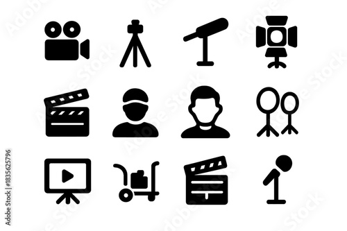 Filming Equipment Icons. Filming day. Solid icon set of filming day: camera, tripod, boom mic, lighting rig, clapperboard, director, actor, reflectors,