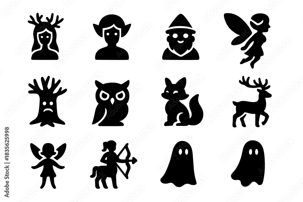 Fototapeta premium Forest Spirit Icons. Forest spirits. Solid icon set of forest spirits: dryad, elf, gnome, fairy, tree spirit, mystical owl, magical fox, enchanted deer,