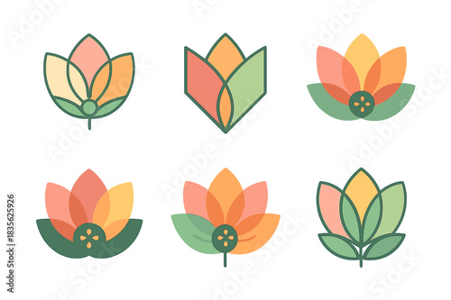 Flower Petal Logos. Function of flower petals. Icon set. Set Logo of flower petal function: colorful bloom cross-section. harmonious logo variations of the